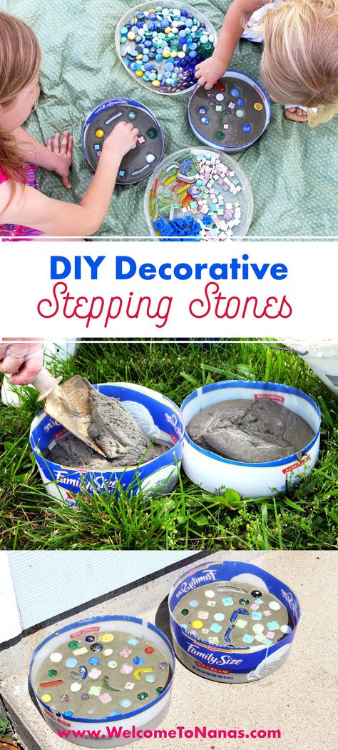 Garden Stones Diy, Stepping Stone Crafts, Stepping Stones Kids, Garden Stepping Stones Diy, Decorative Stepping Stones, Concrete Stepping Stones, Stepping Stones Diy, Mosaic Stepping Stones, Mix Concrete