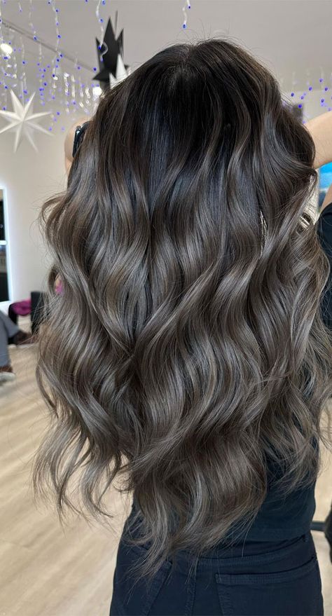 Hair Color Ideas For Brunettes Ash Brown, Ash Blonde Balayage On Brunette, Ash Brown Hair Balayage On Black Hair, Round Face Balayage, Winter Hair Colour For Brunettes, Grey Brown Balayage On Black Hair, Dark Toned Balayage, Cool Brown Balayage Brunettes, Balayage Colours For Dark Hair