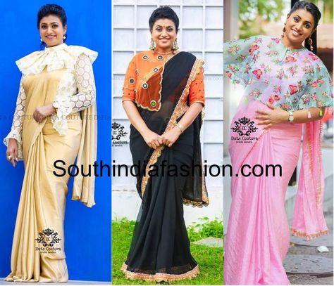 Saree With Cape Blouse, Cape Blouse Designs, Coat Blouses For Saree, Coat Model Blouse Designs, Roja Blouse Designs, Saree With Cape, Cape Style Blouse, Roja Hot, Blouse For Saree