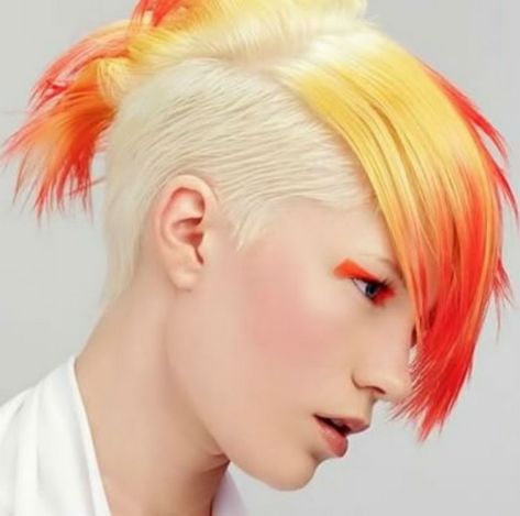 Yellow And Red Hair, Punk Haircut, Extreme Hair Colors, Short Punk Hair, Hair Color Orange, Fire Hair, Bright Hair Colors, Extreme Hair, Hair Magazine