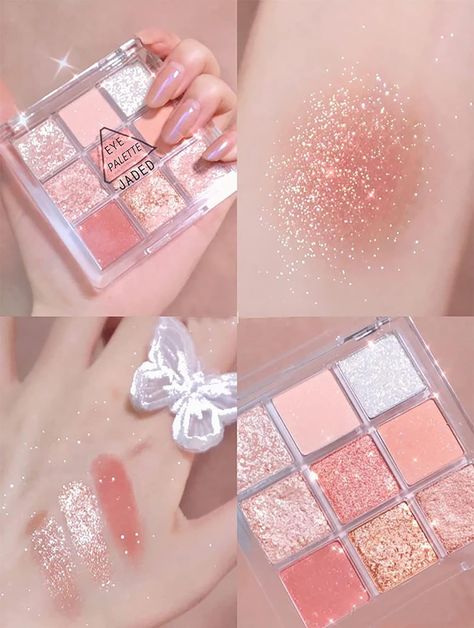 So cuute! #glitter #eyelooks #cute #korea #korean #aegyo #makeup #makeupinspo #makeuplooks #eyeshadow #glittery #cheapmakeup #makeupdupes #dupes #aesthetic #fashion Shiny Eyeshadow, Pink Eyeshadow Palette, Make Up Designs, Eye Pigments, Glitter Eyeshadow Palette, Matte Eyeshadow Palette, Korean Eye Makeup, Natural Eyeshadow, Beautiful Eye Makeup