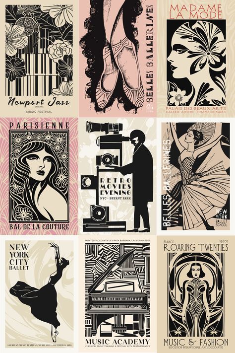 Art Nouveau Band Posters, Roaring 20s Art Vintage Posters, 20s Graphic Design, Modern Art Deco Graphic Design, Art Deco Illustration Graphics, Art Deco Vintage Posters, Art Nouveau Graphic Design, Art Deco Poster Design, Jazz Music Festival