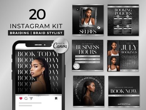 Silver Braiding IG Templates | Canva Editable Braidstylist Branding Kit | Hair Flyers | Braids Bundle Posts | Braiding templates | Hair Care Business, Hairstylist Instagram, Business Ideas For Women Startups, Luxury Aesthetics, Luxury Instagram, Blog Website Design, Ig Templates, Hair Boutique, Brand Pop