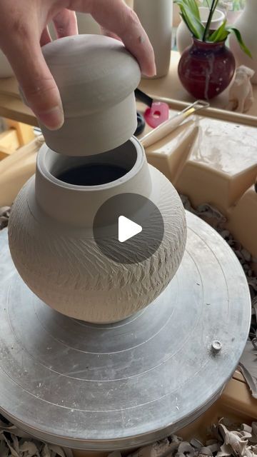 Sum Function on Instagram: "A full video of trimming a closed form lidded jar and adding texture. This one was a fun one - I think keeping the neck thick (where the flange will be) helped a lot compared previous lidded jars.  #closedform #closedformliddedjar #liddedjar #jar #wheelthrown #wheelthrowing #ceramics #pottery #potter #artist #art #texture #video #fittinglid #functionalpottery #forfun #wip #play #process" How To Throw A Lidded Jar, Closed Form Pottery Jar, Throwing Pottery Videos, Closed Form Pottery, Pottery On The Wheel, Throwing Inspiration, Pottery Ideas Wheel Thrown, Ceramic Lidded Jars, Pottery Lids