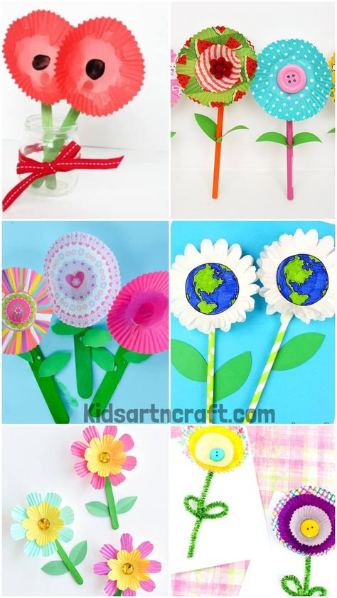 Cupcake Liner Flower Crafts For Kids Cupcake Paper Flowers For Kids, Cupcake Liners Flowers, Cupcake Liner Flower Craft, Cupcake Wrapper Flowers, Cupcake Cups Crafts, Cupcake Paper Flowers, Cupcake Paper Crafts, Flower Crafts Preschool, Flower Crafts For Kids