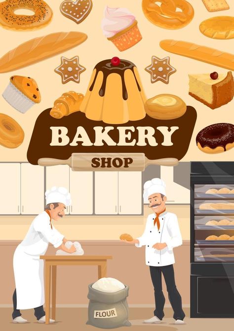 Baker baking bread, bakery shop pastry sweets Patisserie Desserts, Bread Bakery, Bread Shop, Animation Videos, Graphics Animation, Baking Bread, Pastry Desserts, Bakery Shop, Pastry Shop