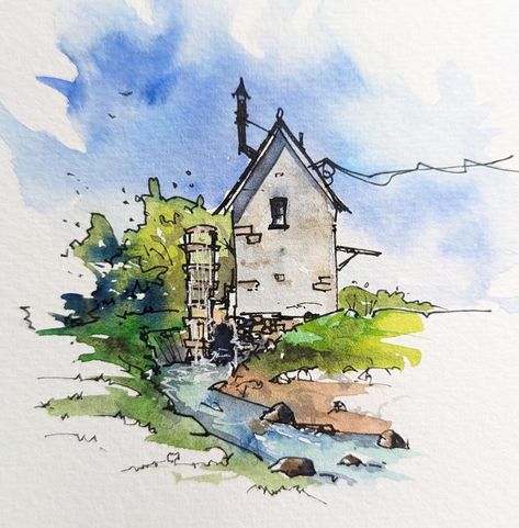 Pen And Watercolor Architecture, Urban Sketching Watercolors, Vacation Watercolor, Place Drawing, Watercolour Sketches, Watercolor Barns, Watercolor Scenery, Learn Watercolor Painting, Watercolor Art Landscape