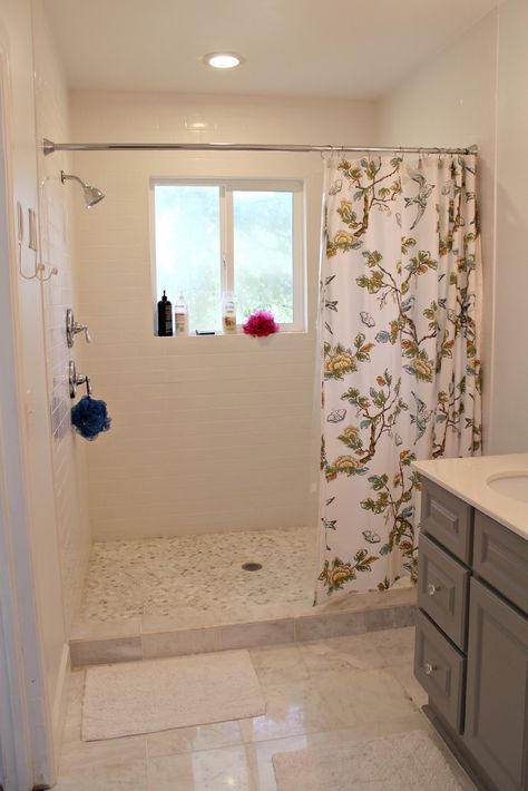 small walk in shower with curtain - Google Search Tile Shower No Glass Door, Roll In Shower Ideas No Door, Small Shower With Window, Shower With Window Remodel, Shower With Window In It, Tiled Shower Wall, Shower With Window, Small Architecture, Gray Counter