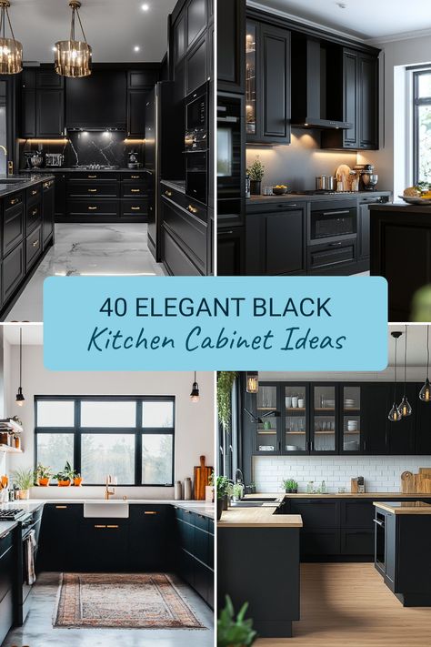 Discover 40 elegant black kitchen cabinet ideas featuring a range of stylish designs. This pin highlights four stunning kitchen interiors showcasing black cabinets, creating a modern and sophisticated look. Elegant Black Kitchen, Cabinetry Styles, Dark Kitchens, Black Cabinetry, Black Kitchen Cabinet, Kitchen Cabinet Ideas, Gothic Chic, Black Kitchen Cabinets, Cabinet Ideas