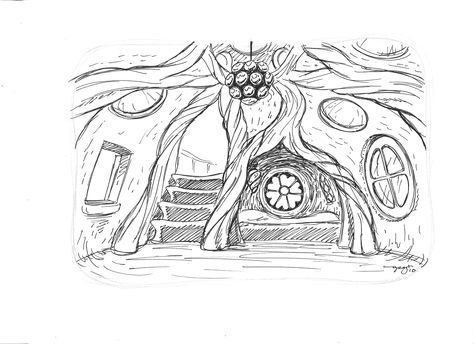 Concept sketch for fairy-themed playhouse interior. Fairy House Interior Illustration, Furniture Sketching, Fairy House Drawing, Natural Drawing, Playhouse Interior, Square Sketchbook, Forest Guardian, Gnome Art, Environment Sketch