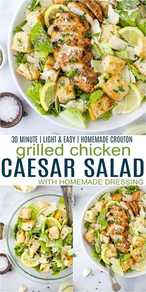 The ultimate Easy Grilled Chicken Caesar Salad, on your dinner table in 30 minutes! This Classic Caesar Salad is full of chargrilled chicken, homemade croutons, shaved parmesan and a light homemade caesar dressing. #noanchovies #healthy #easysaladrecipes #grilledchicken Salad With Homemade Dressing, Grilled Chicken Caesar, Homemade Caesar Dressing, Chicken Caesar Salad Recipe, Chargrilled Chicken, Grilled Chicken Caesar Salad, Homemade Caesar, Shaved Parmesan, Classic Caesar Salad