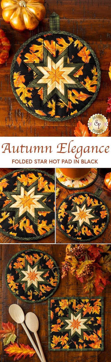 Add to your kitchen decor with the Folded Star Hot Pad Kit in the Autumn Elegance fabric collection by Benartex. This functional hot pad is easily assembled using the Interfacing Template provided in each kit. This kit allows you to choose what shape you want to make, circle or square! The finished hot pad measures approximately 8" x 8". Quilted Pot Holders, Couture Halloween, Folded Star Potholder, Fall Potholders, Quilted Placemats For Fall, Fall Pot Holders Quilted, Quilted Placemats Sew Thankful, Autumn Star Quilt Pattern, Quilted Potholder Pattern