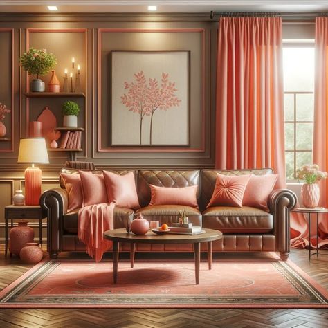 coral with brown leather couch Brown Sofa Living Room, Furniture Colors, Brown Leather Couch, Carpet Ideas, Brown Couch, Diy House Renovations, Brown Leather Sofa, Roof Colors, Pink Carpet