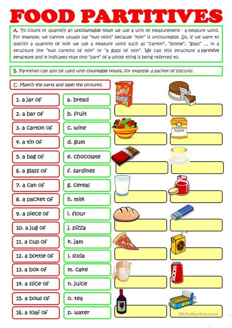 FOOD PARTITIVES - a box of, a bunch of ... worksheet - Free ESL printable worksheets made by teachers Recount Writing, Learn Reading, English Notes, Uncountable Nouns, Nouns Worksheet, Collective Nouns, Worksheet For Kids, English Teaching, Spoken English