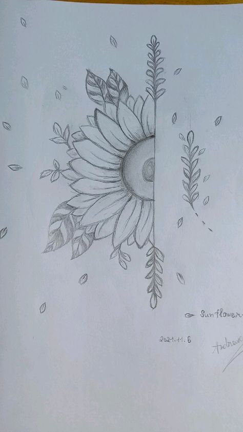 Half Sunflower Drawing, Half Sunflower, Sunflower Drawing, Easy Drawings Sketches, Art Drawings Sketches Creative, Compass Tattoo, Art Drawings Sketches, Maple Leaf Tattoo, Drawing Sketches