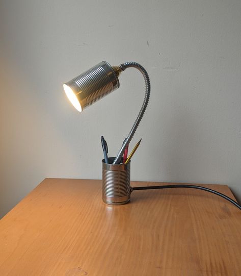 Tin Can Lamp, Can Lamp, Recycled Tin Cans, Recycled Tin, Unique Lamp, Tin Cans, A Pen, Unique Lamps, Reading Lamp