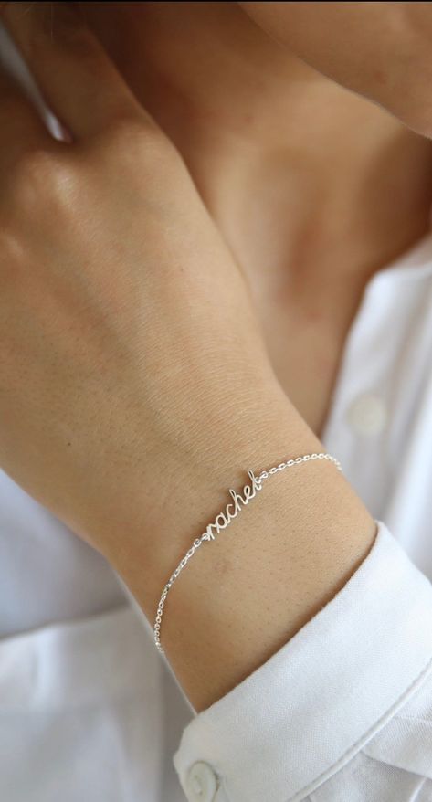 "Sterling Silver Name Bracelet,Personalized Bracelet,Gift For Her,Personalized Gifts,Personalized Jewelry Name Bracelet, Personalized Gifts, Personalized Bracelet-Gift For Her ❤️Minimalist look and dainty design❤️ ABOUT PRODUCTS; Handmade with 925 Solid Sterling Silver We have color options. Silver Gold Rose gold All of my bracelets come with an extra 2\" extension Comes with a stylish gift-ready elegant jewelry box ** ANY PROBLEMS AND PLEASE CONTACT ME IN ORDER CONTENT, THANK YOU ** **" Silver Name Bracelet, Silver Bar Bracelet, Silver Bracelet Designs, Small Earrings Gold, Customised Bracelets, Silver Bracelets For Women, Cary Nc, Personalized Bracelet, Hand Bracelet