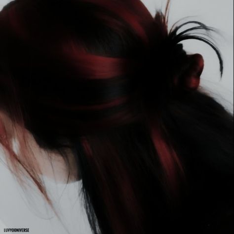 Red Black Hair Aesthetic, Black And Red Hair Aesthetic, Red Hair Aesthetic Faceless, Dark Red Hair Aesthetic, Calypso Aesthetic, Red Hair Ponytail, Ruby Red Hair, 4 Horsemen, Maroon Hair