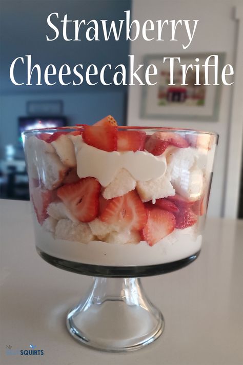 Strawberry Cheesecake Trifle Recipe, Strawberry Cheesecake Trifle, Vanilla Wafer Cake, Trifle Bowl Recipes, Strawberry Angel Food Cake, Healthy Birthday Cakes, Strawberry Trifle, Healthy Birthday, Cheesecake Trifle