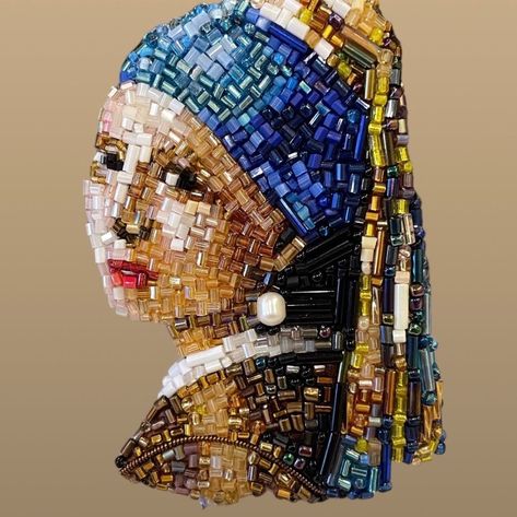 Handmade beaded brooch Famous painting Portrait made of beads Gift idea for unusual lovers Portrait Embroidery, Tambour Embroidery, Painting Portrait, Hand Embroidery Art, Pearl Earring, Brooches Handmade, Beaded Brooch, Bead Embroidery, Mosaic Art