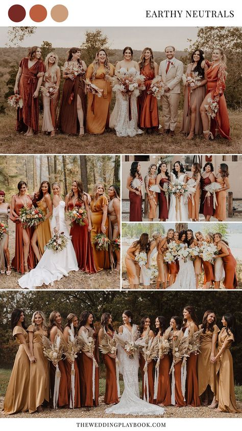 Fall Color Bridesmaids Dresses, Autumn Mismatched Bridesmaids, Terracotta Wedding Bridesmaid Dresses Mismatched, Fall Bridesmaid Palette, Different Color Fall Bridesmaid Dresses, Earth Tone Wedding Bridesmaid, Earth Bridesmaid Dresses, Mixed Bridal Party Dresses, Fall Boho Bridesmaid Dress