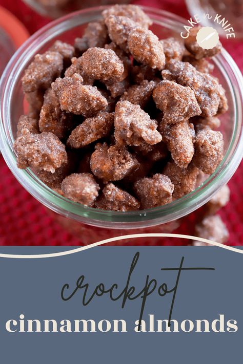 Crockpot Cinnamon Almonds are the holiday snack everyone craves, all made in your slow cooker. The sweet spiced nuts make for a fantastic snack to set out for gatherings, or package them up to gift to friends and family. | cakenknife.com Crock Pot Almonds, Cinnamon Almonds Recipe, Cinnamon Sugar Almonds, Candy Almonds Recipe, Crockpot Candy Recipes, Slow Cooker Candy, Almonds Recipe, Crockpot Candy, Holiday Snack