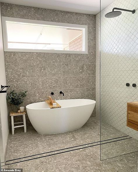 The modern space now includes fish scale tiles, an egg bathtub and a rain shower head Small Wet Rooms, Small Wet Room, Fish Scale Tiles, Outdated Bathroom, Wet Room Bathroom, Fish Scale Tile, Small Bathroom Renovations, Midcentury Home, Wet Room