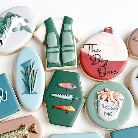 Fishing First Birthday Cookies, Bass Fish Cookies, Ofishally One Cookies, Fishing Birthday Cookies, Ofishally One Birthday, Fishing First Birthday, Fishing Baby Shower Theme, Fishing Theme Party, Theme First Birthday