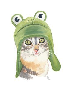 Hey, I found this really awesome Etsy listing at https://www.etsy ... Cat Ephemera, Slate Painting, Meow Art, Frog Stuff, Anthropomorphic Animals, Children Painting, Frog Hat, Cat Illustrations, Watercolor Cute