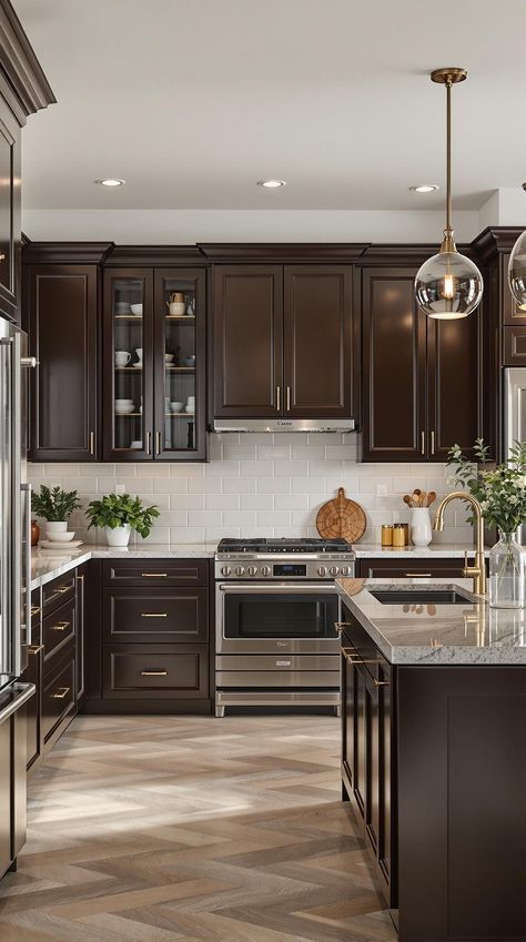 Deep Brown Kitchen Cabinets, Dark Cabinets Kitchen Decor, Dark Cabinets With White Countertops, Dark Cabinets With Light Countertops, Kitchen With Dark Brown Cabinets, Espresso Cabinet, Dark Brown Kitchen Cabinets, Cabinet Color Ideas, Green Countertops