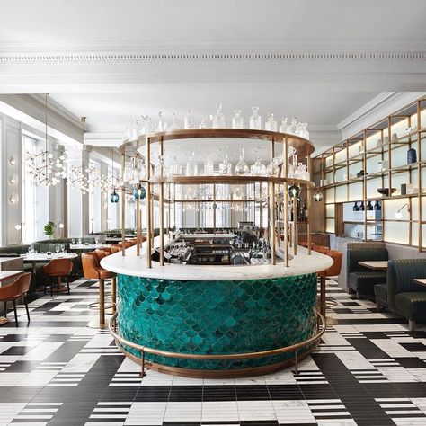 Punch of teal fish scale 🐠 tiles wrapping round our hero bar @boandbirdy @kimptonblythswoodsquare 🥃 topped off with a brass feature gantry… Visit Glasgow, Bar Counters, Glasgow City Centre, Best Cocktail Bars, Kimpton Hotels, Glasgow City, Island Bar, Green Bar, Georgian Architecture