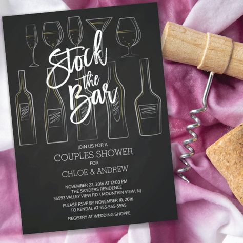 Stock The Bar Invitations, Stock The Bar Party, Wedding 101, Couple Wedding Shower, Modern Hand Lettering, Chalkboard Background, Bar Glasses, Black Chalkboard, Bar Party