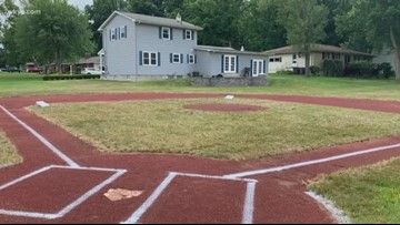 Baseball Field In Backyard, Home Baseball Field, Diy Baseball Field Backyard, Backyard Wiffle Ball Field, Backyard Baseball Field, Backyard Sports, Batting Cage, Backyard Baseball, Sports Academy