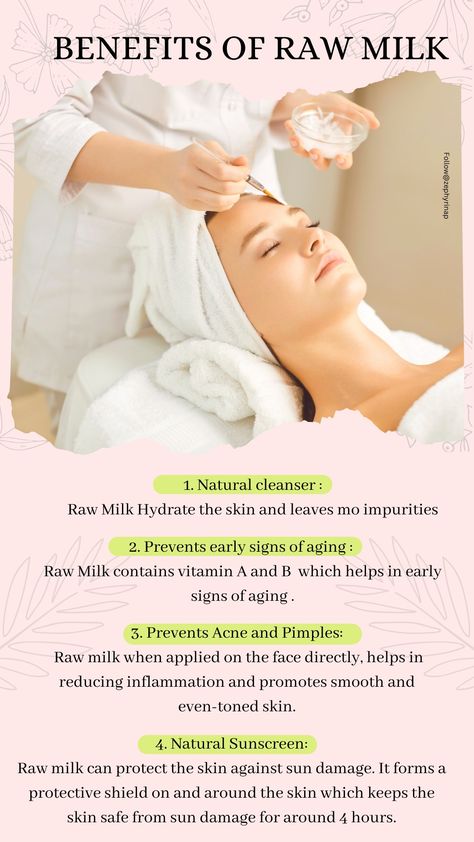 Raw milk is unpasteurised and contains concentrated amounts of the said nutrients which can get stripped off during packaging and may not be best to ingest but is fabulous for the skin and hair. Milk For Face, Milk For Skin, Acne Journey, Dry Skin Routine, Milk Benefits, Prevent Pimples, College Looks, Dark Underarms, Natural Cleanser