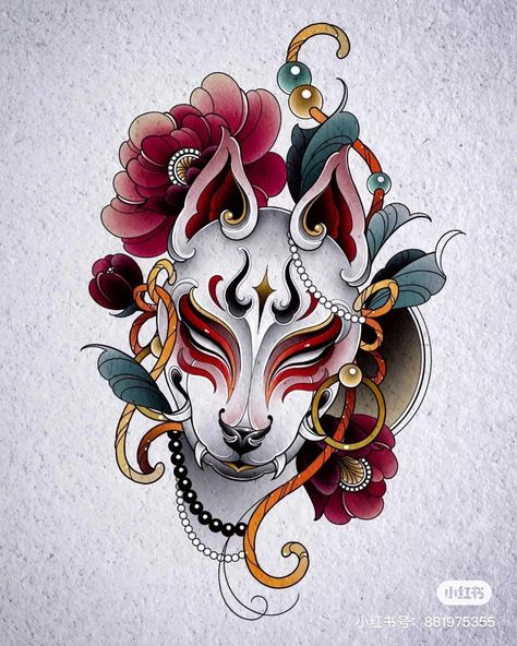 Neo Traditional Kitsune, Kitsune Mask Reference, Japanese Tattoo Color Design, Japanese Kitsune Tattoo, Neo Trad Tattoo Design, Neo Traditional Art, Neo Tattoo, Geometric Sleeve Tattoo, Kitsune Mask