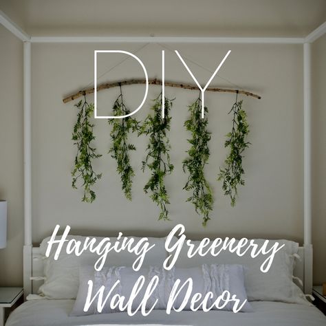 Airy Master Bedroom with easy DIY Greenery Wall Decor Diy Greenery Wall, Diy Greenery, Wall Decor Master, Greenery Wall Decor, Hanging Greenery, Diy Wall Decor For Bedroom, Greenery Wall, Greenery Decor, Simple Wall Decor