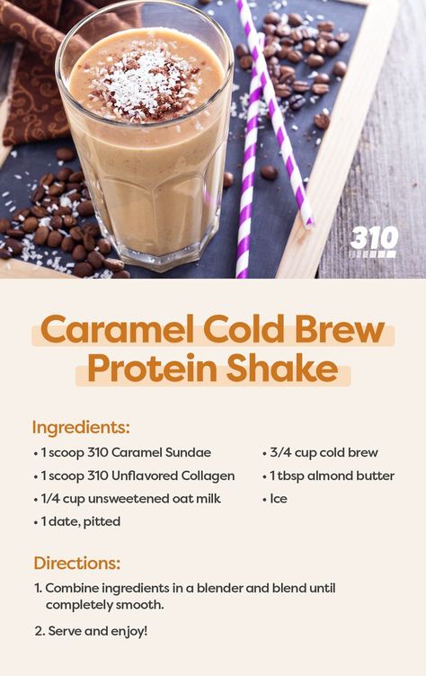 Coffee lovers rejoice! We’ve got a special treat for all of our caffeine queens (and kings)! This recipe combines your morning coffee and breakfast into one convenient, portable, and protein-packed shake. #recipe #foodie #healthy Nutrition Shake Recipes, 310 Nutrition Recipes, 310 Nutrition Shake, 310 Shake Recipes, Caramel Cold Brew, Caramel Sundae, Protein Shake Ingredients, 310 Nutrition, Workout Shakes