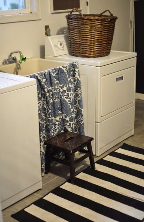 Cool DIY Ideas With Tension Rods - Hang Sink Skirts Using Tension Rods - Quick Do It Yourself Projects, Easy Ways To Save Money, Hacks You Can Do With A Tension Rod - Window Treatments, Small Spaces, Apartments, Storage Sink Skirt, Basement Laundry Room, Tension Rods, Basement Laundry, Tension Rod, Laundry Mud Room, Laundry Room Makeover, Home Hacks, Staying Organized