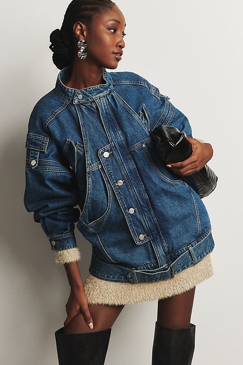 80% regenerative cotton, 20% post-consumer recycled cotton Front slant pockets Button front Belted styling Machine wash Imported | The MC Denim Jacket by Frame in Blue, Women's, Size: XL , Cottonat Anthropologie Full Denim Outfit, Denim Photoshoot, Designer Denim Jacket, Blouses Designs, Denim Jacket Fashion, Denim Essentials, Denim Wear, Drawing Inspo, Fashion Studio