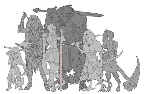 [OC] [Art] Finished the ink work on all the characters in my D&D group! Colors to come soon! Fantasy Group Pose Reference, Character Group Art, D&d Group Art, Group Of Characters Art, Oc Group Poses, Character Group Poses, Dnd Group Pose Reference, Group Art Reference, Dnd Group Art