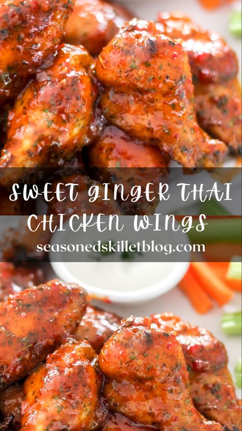 Sweet Ginger Thai Chicken Wings, this chicken wings recipe is one of the most perfect combinations of sweet and spicy, with a hint of ginger and dose of thai flavours! They are oven baked until crispy, and so easy to bring together making the perfect addition to any appetizer plate or main dish! Serve with fresh veggies and a side of ranch dip! Sweet And Spicy Wings, Wing Flavors Recipes, Unique Chicken Wing Flavors, Chicken Wing Dry Rub Recipes, Honey Ginger Chicken Wings, Thai Chili Wings Sauce, Spicy Asian Chicken Wings, Sweet And Spicy Chicken Wing Sauce, Thai Sweet Chili Sauce Recipe Chicken Wings