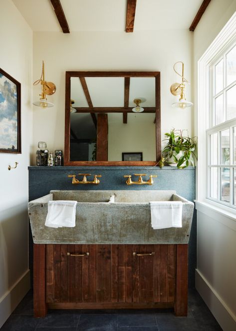 Farmhouse Fixer: Saltonstall - Kristina Crestin Tile Shower Walls, Stone Cabinets, Kristina Crestin, Unlaquered Brass, Unlacquered Brass Faucet, Farmhouse Fixer, Jonathan Knight, Shower Controls, Wall Mount Sink