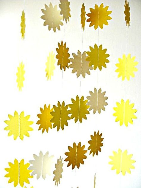 Flower Bunting, School Wide Themes, Sunshine Baby Showers, Bid Day Themes, Sunshine Birthday, Camping Decor, Bright Homes, Yellow Paper, Class Decoration