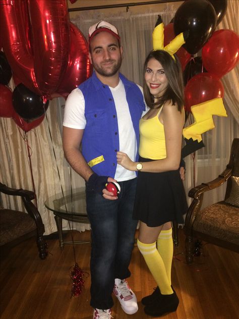 Diy Ash Costume Pokemon, Ash Ketchum And Pikachu Costume, Picachu Costumes, Pokemon Couple Costume, Ash Costume Diy, Ash Halloween Costume, Pikachu And Ash Costume, Ash And Pikachu Costume, Pikachu Costume Diy