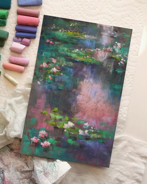 I channeled Monet today by recreating one of his water lily paintings for our membership Paint Together Hour! It was a challenge and so much fun to indulge in! Pure play. I have something special I’ll be doing with this piece! Pastel And Acrylic Paintings, Paintings To Do, Paints Aesthetic, Lily Paintings, Water Lily Painting, Lily Water, Paint Together, Water Lilies Painting, Soft Pastel Art