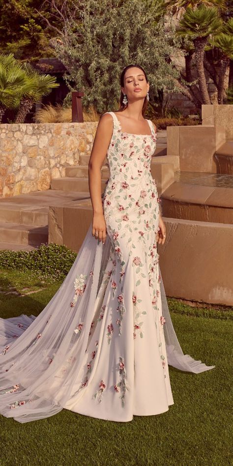 Floral Wedding Dresses For Magic Party ★ #bridalgown #weddingdress Multicolor Wedding Dress, Flowery Wedding Dress, Floral Wedding Dresses, Multicolor Wedding, Floral Lace Wedding Dress, Floral Wedding Gown, Magic Party, Flowery Dresses, Spring Decorations