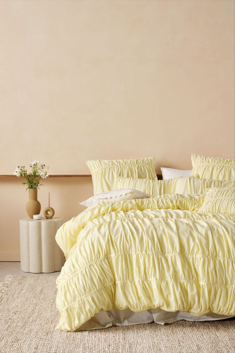 New to our SS24/25 Holiday Revival Collection   Add luscious volume and texture to your bedroom with dreamy Layla.  Constructed from cotton voile, this romantic design in lemon enjoys vertical ruching throughout, creating a soft, pillowy dimension, as well as pretty side ties for a sweet, aesthetic finish.  Pair this set with its coordinating European pillowcases and cushion to complete this beautifully delicate aesthetic. Lemon Quilt, Ruched Bedding, Sweet Aesthetic, King Single Bed, Cot Quilt, Bed Quilt Cover, Single Quilt, Superking Bed, Bedding Brands