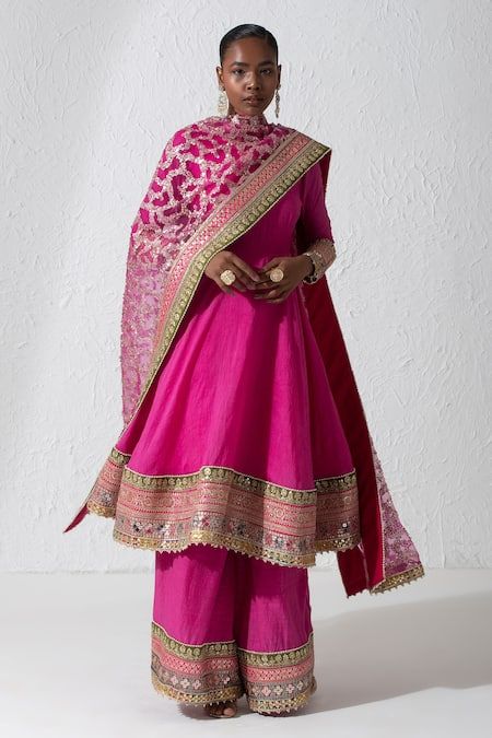 Buy Pink Silk And Net Embroidery Zardozi & Sequin Ellinor Hem Anarkali Palazzo Set For Women by Rishi & Vibhuti Online at Aza Fashions. Kurtis Style, Kurti Anarkali, Suit Anarkali, Net Embroidery, Diwali Outfits, Karwa Chauth, Cotton Anarkali, Anarkali Dress Pattern, Boutique Suits