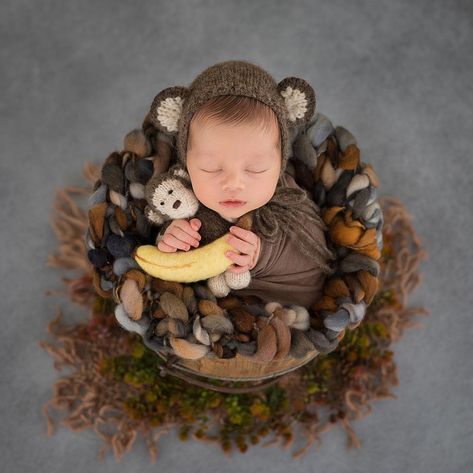 Jungle Theme Newborn Photoshoot, Baby Boy Newborn Pictures, Foto Newborn, Newborn Photography Boy, Newborn Baby Photoshoot, A Monkey, Foto Baby, Newborn Shoot, Newborn Props