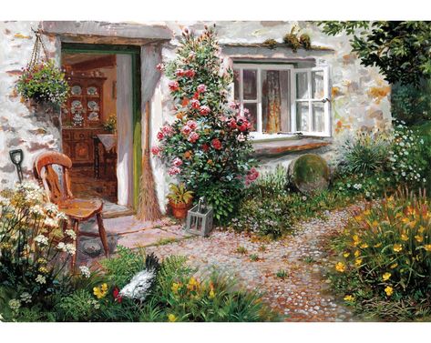 Roses Around the Door Vintage & Nostalgic Jigsaw Puzzles Cottage Painting, Fleurs Diy, Creation Photo, Mosaic Crosses, Needlework Crafts, Cottage Art, Diamond Embroidery, Cross Paintings, Landscape Drawings